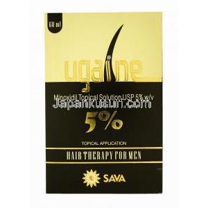 ウゲイン，　ミノキシジル 5％ 60ml, 製造元：Sava Healthcare　箱表面